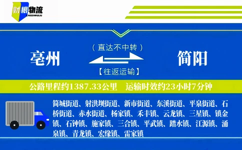 亳州到简阳物流公司