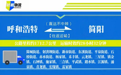 呼和浩特到简阳物流公司